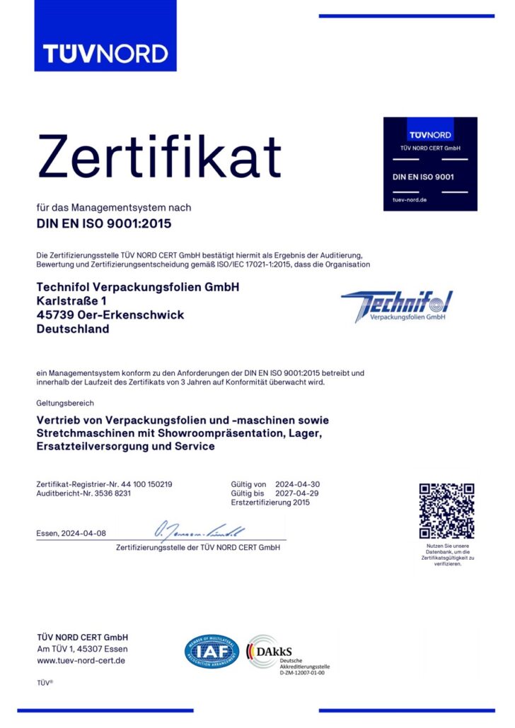 Technifol Verpackungsfolien TÜV Nord Zetifikat - DIN EN ISO 9001